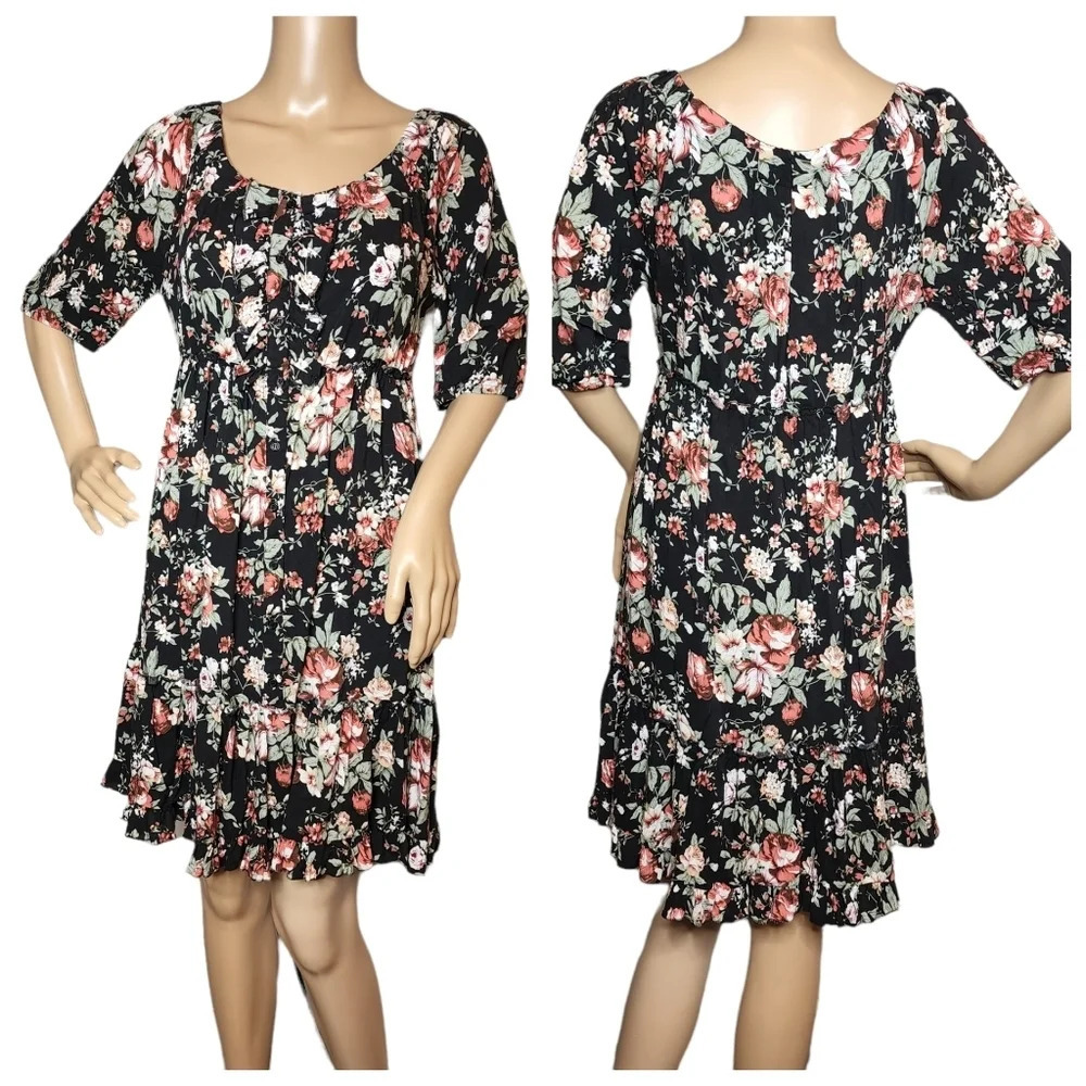 AKUALANI Black Pink White Floral Dress Size Medium